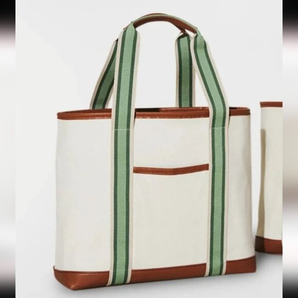 NEIMAN MARCUS |  Beach Canvas Tote Cream Green - Picture 1 of 5